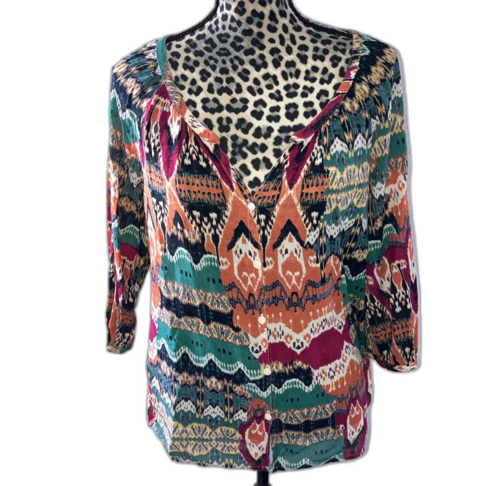 lucky brand top Blouse L 100% Cotton Multicolored Button Front Boho Peasant